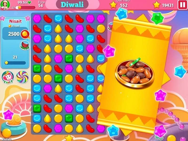 Candy Burst Fiesta gameplay screenshot showing colorful candies and Indian-themed elements